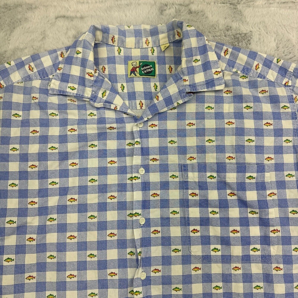 Johnny Cotton Shirt Men M Blue White Plaid Fly Fish Trout Print Button Up VTG - Picture 2 of 7